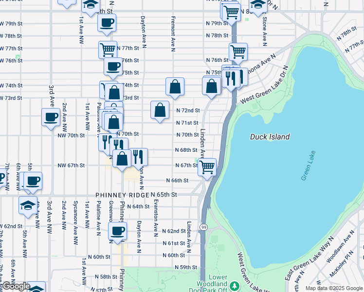 map of restaurants, bars, coffee shops, grocery stores, and more near 718 North 68th Street in Seattle