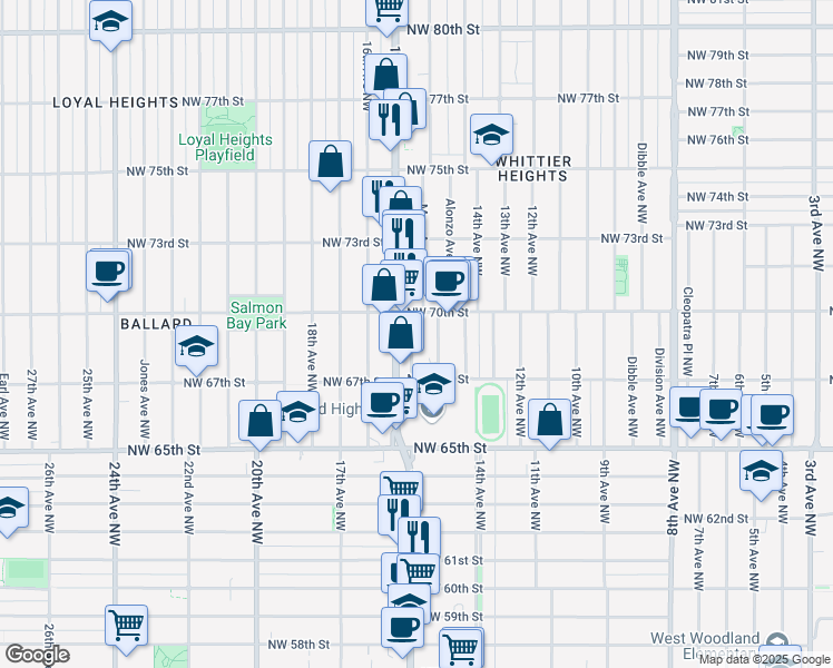 map of restaurants, bars, coffee shops, grocery stores, and more near 6738 Mary Avenue Northwest in Seattle
