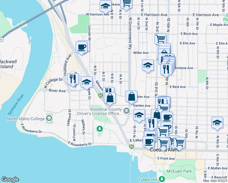 map of restaurants, bars, coffee shops, grocery stores, and more near 714 North B Street in Coeur d'Alene