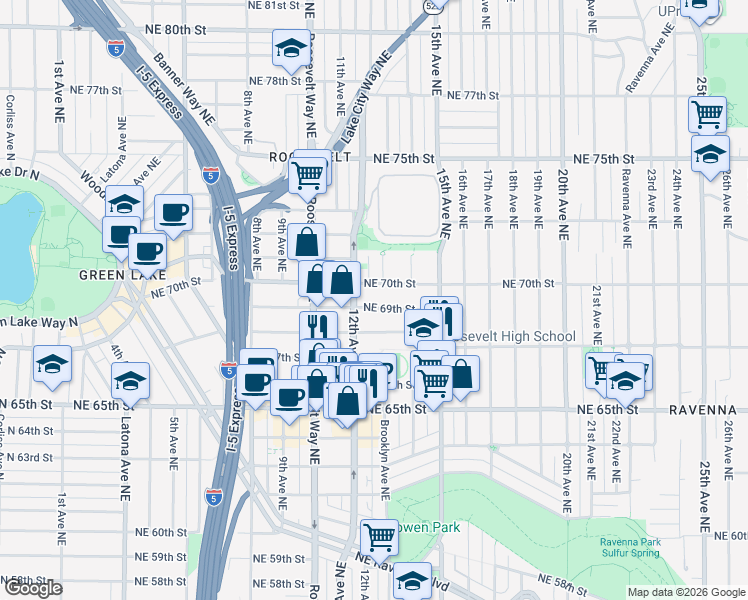 map of restaurants, bars, coffee shops, grocery stores, and more near 1218 Northeast 69th Street in Seattle