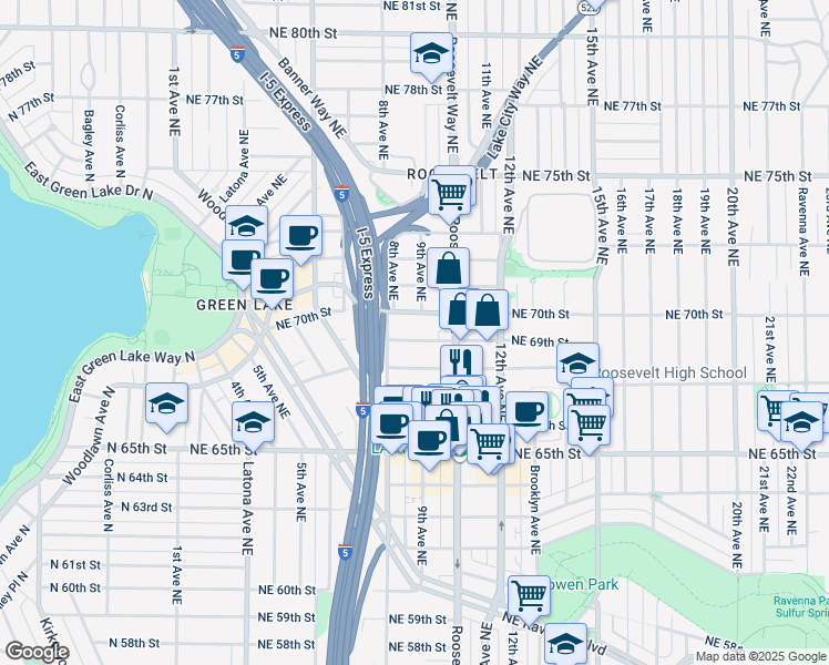 map of restaurants, bars, coffee shops, grocery stores, and more near 824 Northeast 69th Street in Seattle