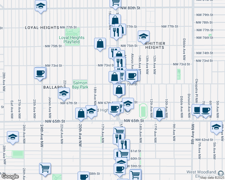 map of restaurants, bars, coffee shops, grocery stores, and more near 6740 16th Avenue Northwest in Seattle
