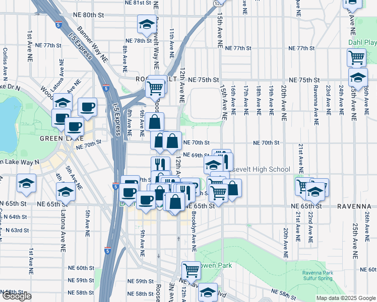 map of restaurants, bars, coffee shops, grocery stores, and more near 1218 Northeast 69th Street in Seattle