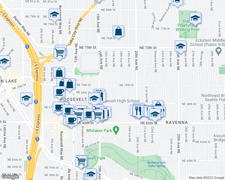 map of restaurants, bars, coffee shops, grocery stores, and more near 6847 17th Avenue Northeast in Seattle