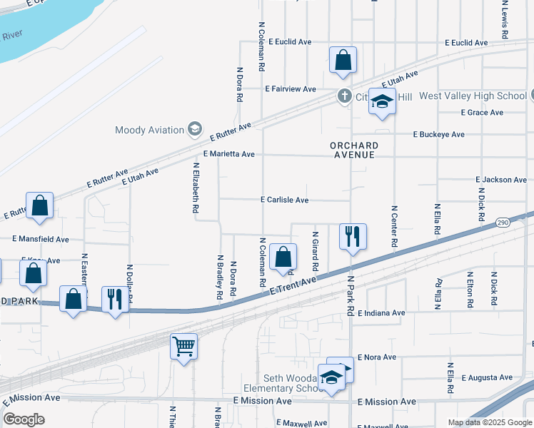 map of restaurants, bars, coffee shops, grocery stores, and more near 2410 North Coleman Road in Spokane Valley