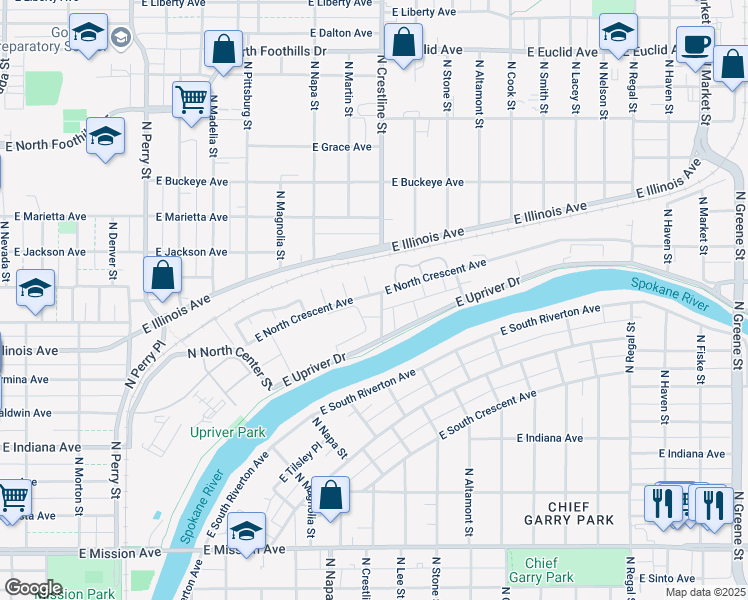 map of restaurants, bars, coffee shops, grocery stores, and more near 2357 North Crestline Street in Spokane