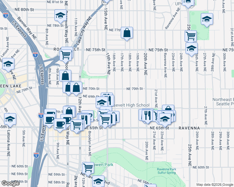 map of restaurants, bars, coffee shops, grocery stores, and more near 6847 17th Avenue Northeast in Seattle