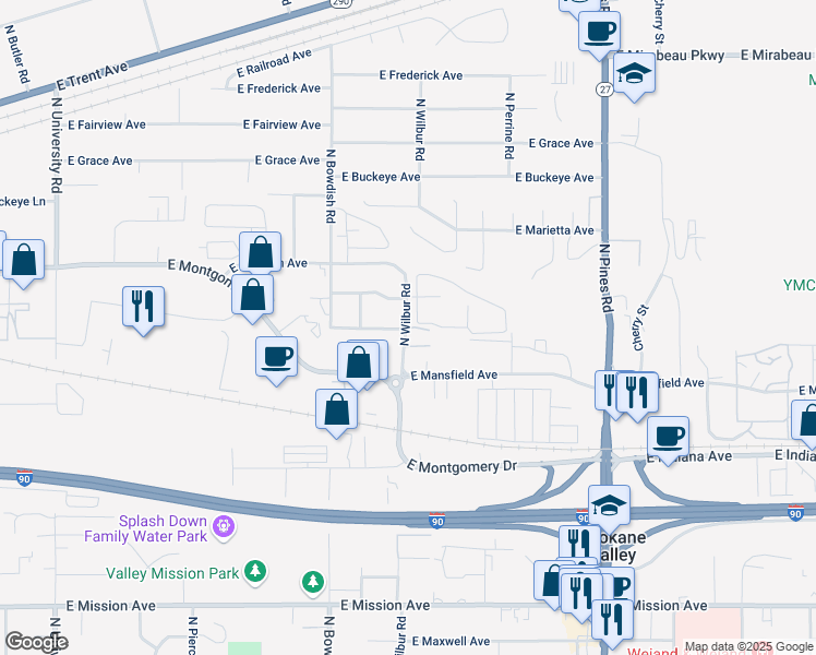map of restaurants, bars, coffee shops, grocery stores, and more near 2332 North Wilbur Road in Spokane Valley