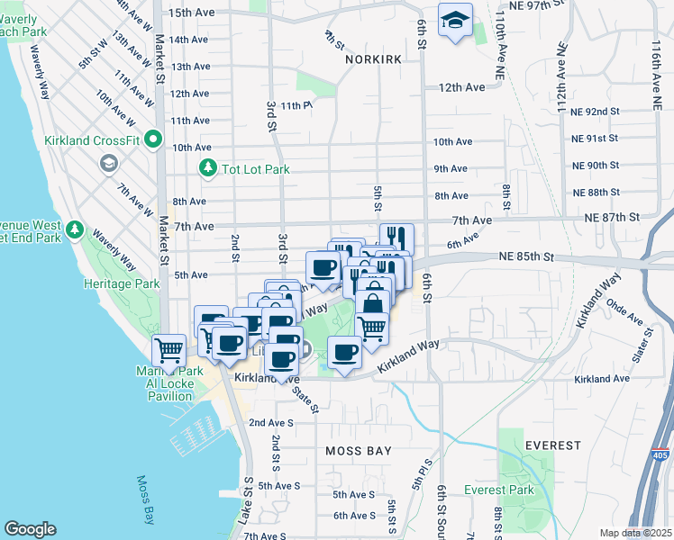 map of restaurants, bars, coffee shops, grocery stores, and more near 318 4th Avenue in Kirkland