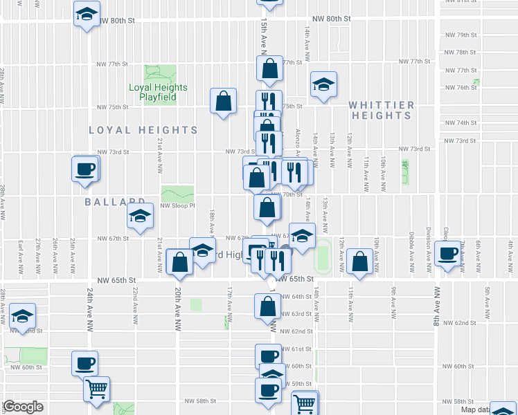 map of restaurants, bars, coffee shops, grocery stores, and more near 6740 16th Avenue Northwest in Seattle
