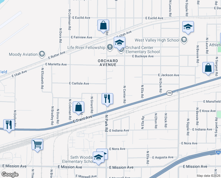 map of restaurants, bars, coffee shops, grocery stores, and more near 2416 North Park Road in Spokane Valley