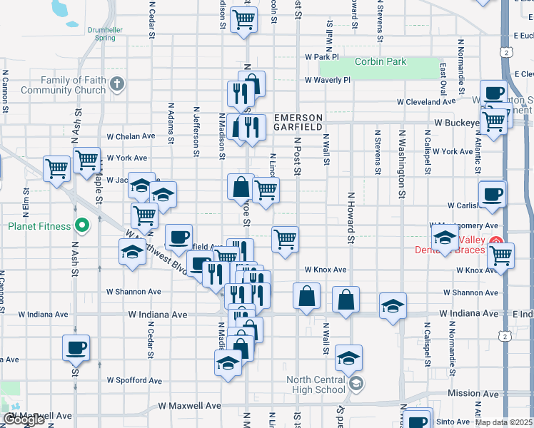 map of restaurants, bars, coffee shops, grocery stores, and more near 2310 North Monroe Street in Spokane