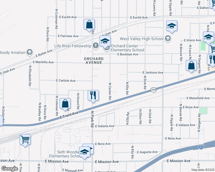 map of restaurants, bars, coffee shops, grocery stores, and more near 2409 North Center Road in Spokane Valley