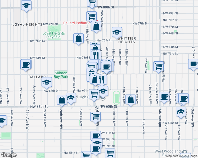 map of restaurants, bars, coffee shops, grocery stores, and more near 6738A Mary Avenue Northwest in Seattle