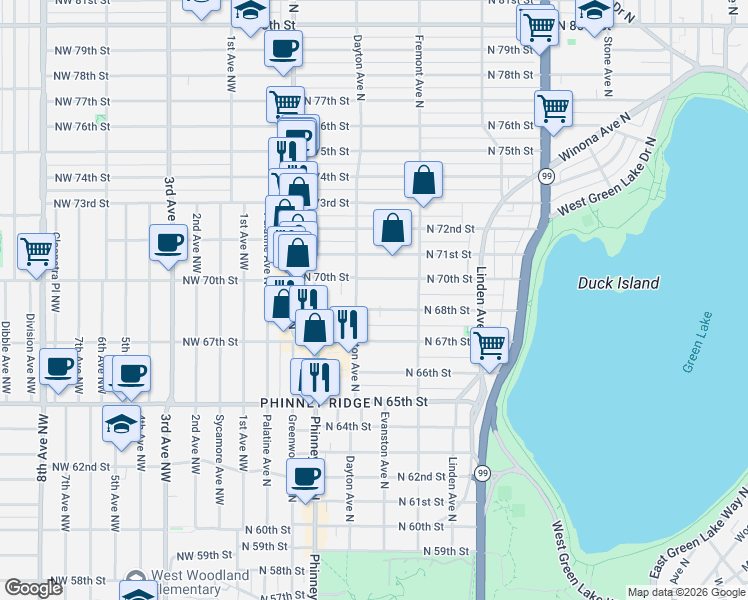 map of restaurants, bars, coffee shops, grocery stores, and more near 516 N 68th St in Seattle