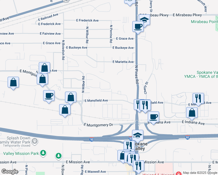 map of restaurants, bars, coffee shops, grocery stores, and more near 2400 North Wilbur Road in Spokane Valley