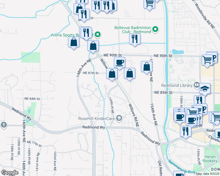map of restaurants, bars, coffee shops, grocery stores, and more near 2008 149th Place Northeast in Redmond