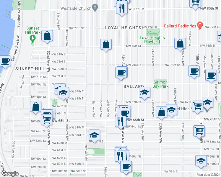 map of restaurants, bars, coffee shops, grocery stores, and more near 6744 26th Avenue Northwest in Seattle