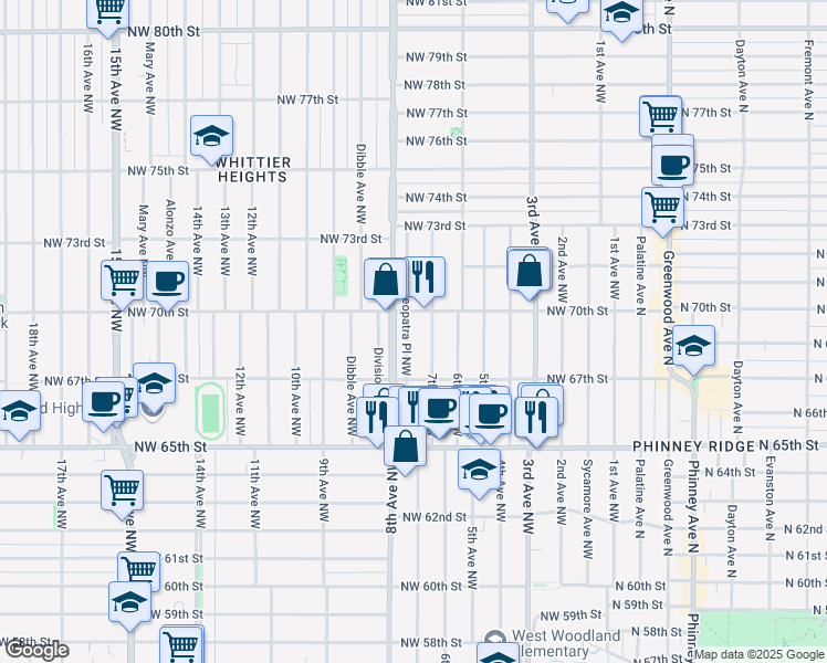 map of restaurants, bars, coffee shops, grocery stores, and more near 6742 Cleopatra Place Northwest in Seattle
