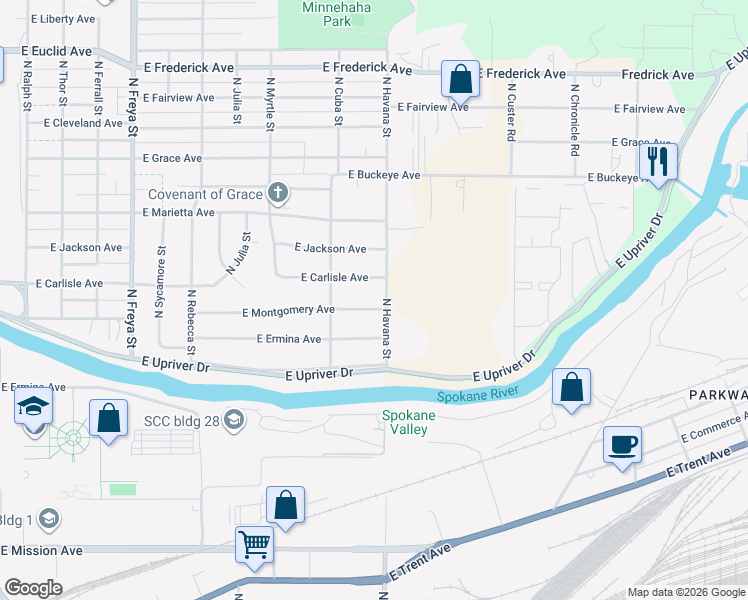 map of restaurants, bars, coffee shops, grocery stores, and more near 4235 East Montgomery Avenue in Spokane