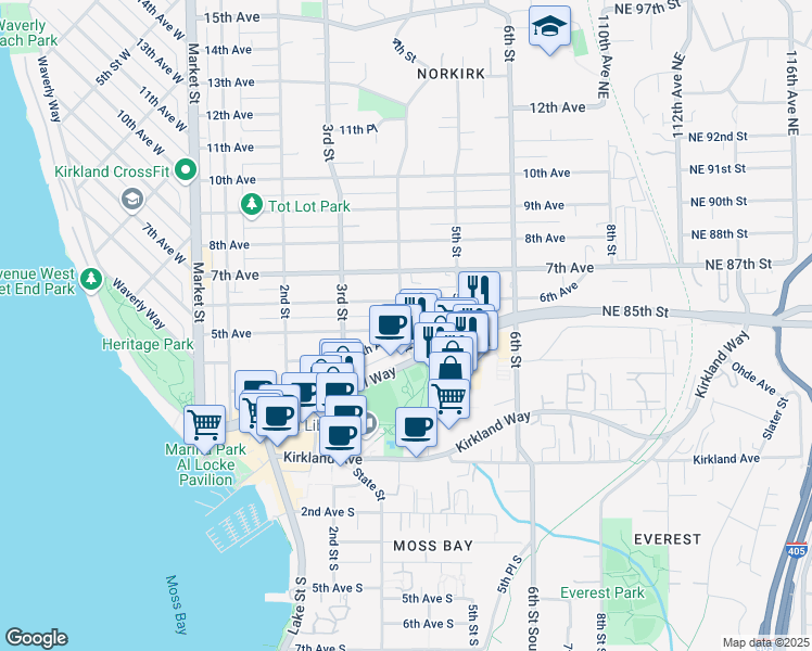 map of restaurants, bars, coffee shops, grocery stores, and more near 318 4th Avenue in Kirkland