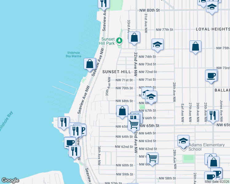 map of restaurants, bars, coffee shops, grocery stores, and more near 6827 34th Avenue Northwest in Seattle