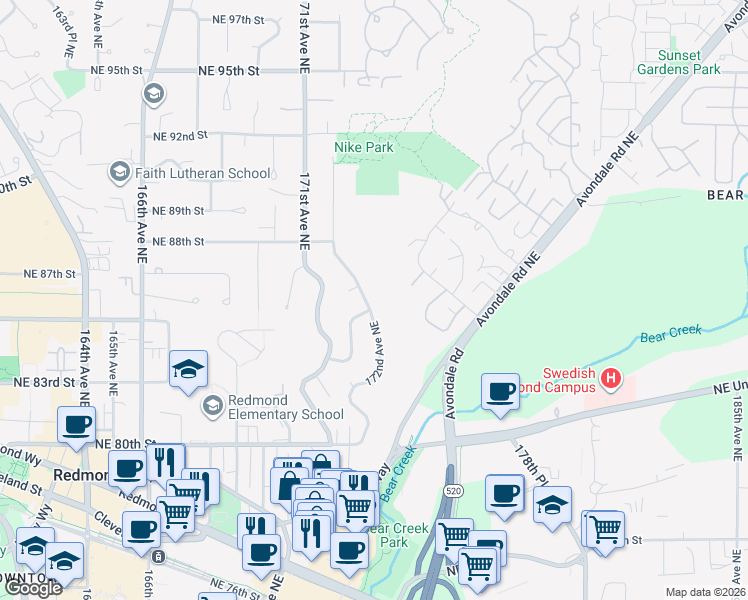 map of restaurants, bars, coffee shops, grocery stores, and more near 8410 172nd Avenue Northeast in Redmond