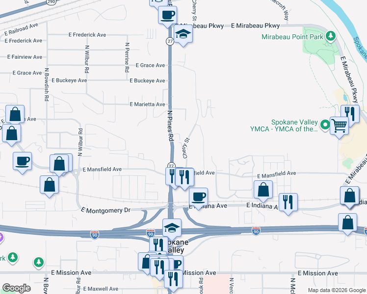 map of restaurants, bars, coffee shops, grocery stores, and more near 12411 East Mansfield Avenue in Spokane Valley
