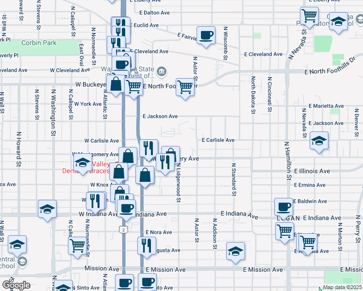 map of restaurants, bars, coffee shops, grocery stores, and more near 315 East Montgomery Avenue in Spokane