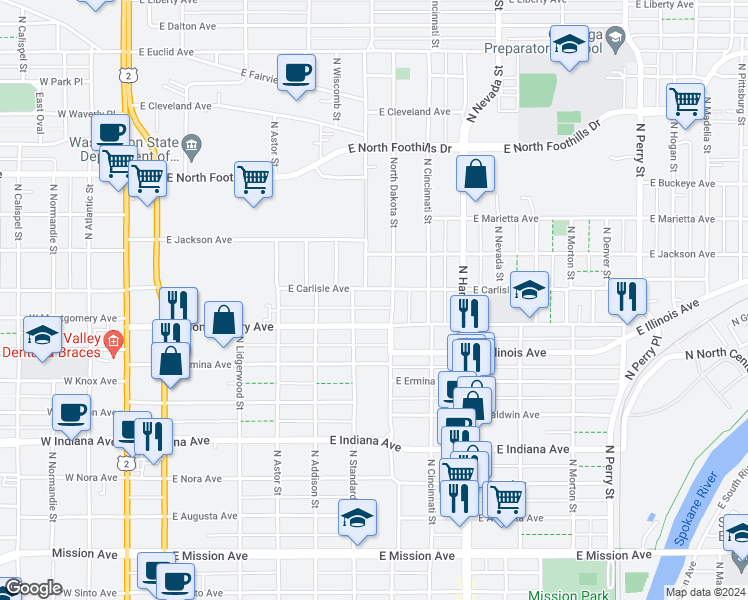 map of restaurants, bars, coffee shops, grocery stores, and more near 618 East Carlisle Avenue in Spokane
