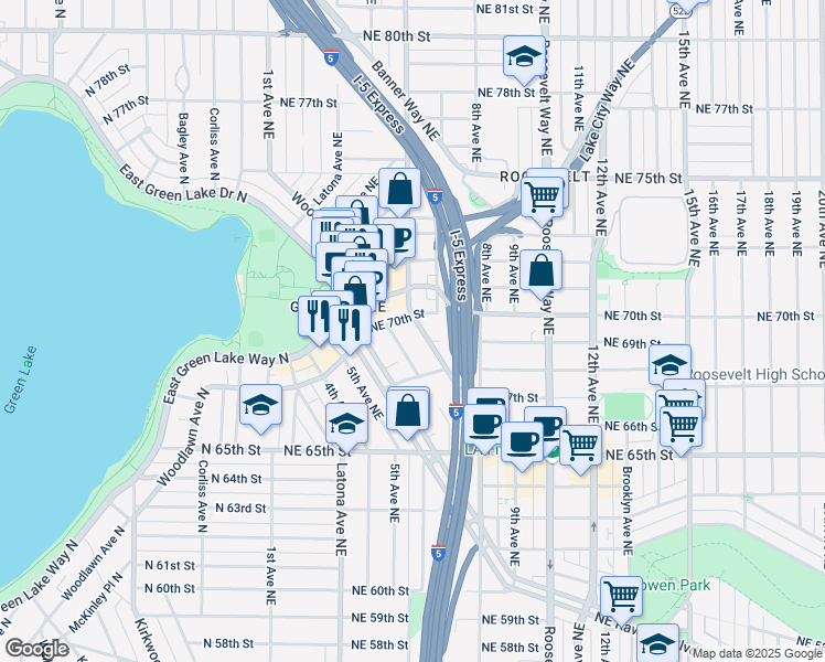 map of restaurants, bars, coffee shops, grocery stores, and more near 505 Northeast 70th Street in Seattle