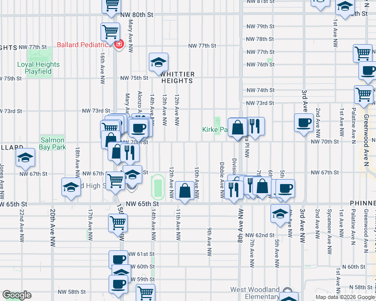 map of restaurants, bars, coffee shops, grocery stores, and more near 6744 11th Avenue Northwest in Seattle