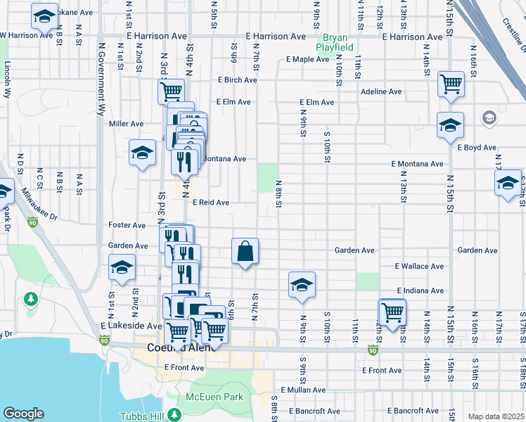 map of restaurants, bars, coffee shops, grocery stores, and more near 718 North 7th Street in Coeur d'Alene