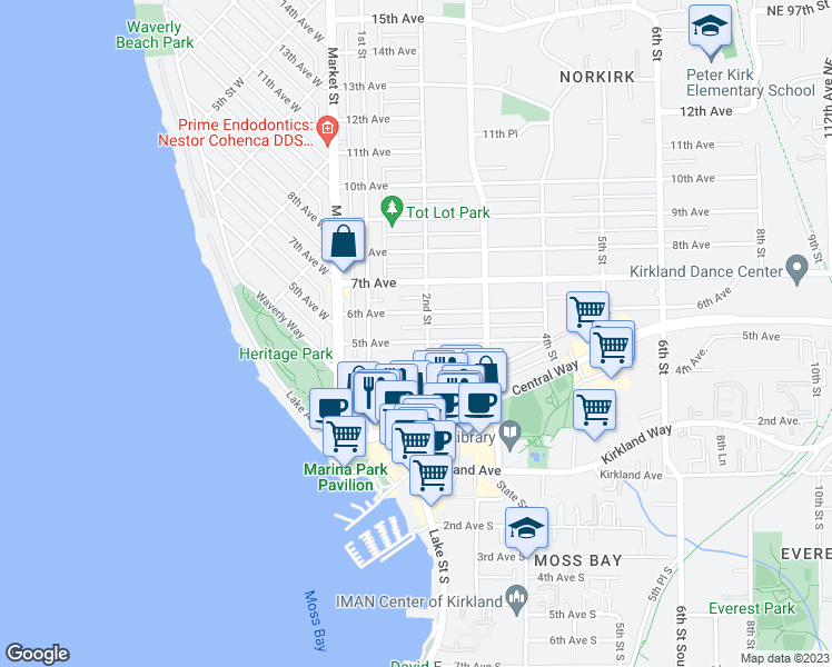 map of restaurants, bars, coffee shops, grocery stores, and more near 146 5th Avenue in Kirkland