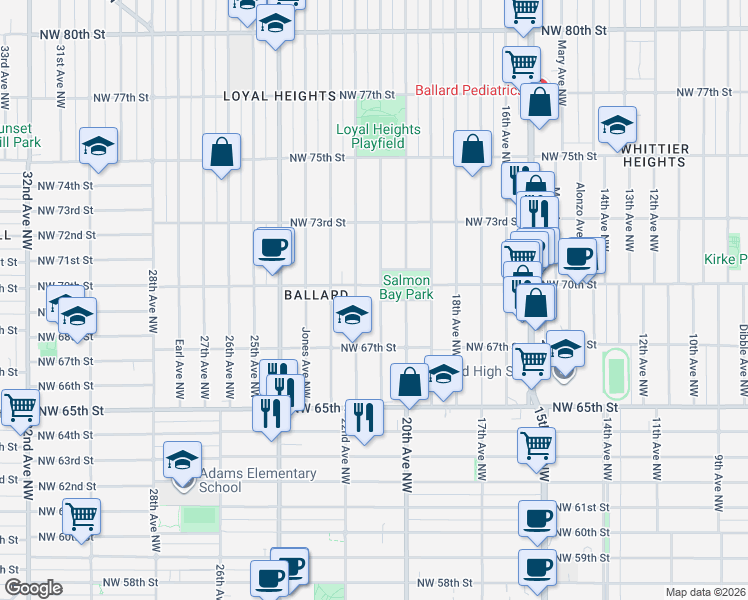 map of restaurants, bars, coffee shops, grocery stores, and more near 6743 21st Avenue Northwest in Seattle