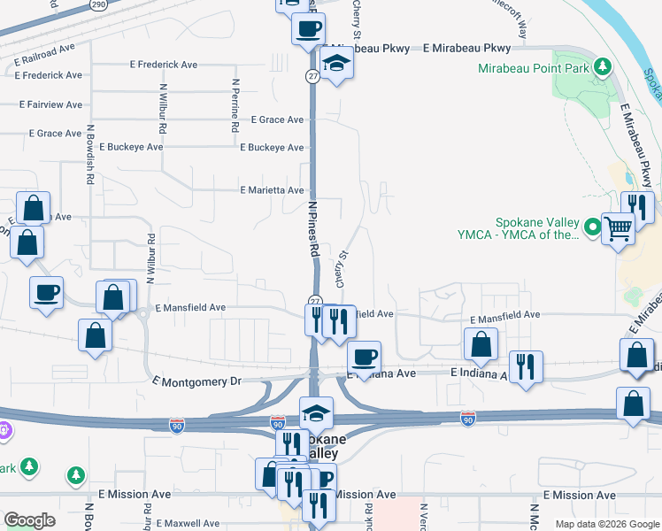 map of restaurants, bars, coffee shops, grocery stores, and more near 24 Cherry Street in Spokane Valley