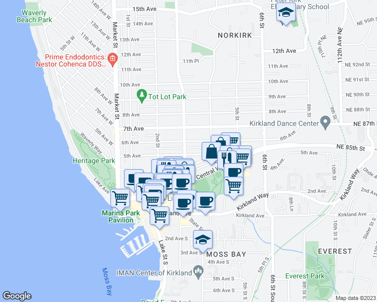 map of restaurants, bars, coffee shops, grocery stores, and more near 302 5th Avenue in Kirkland