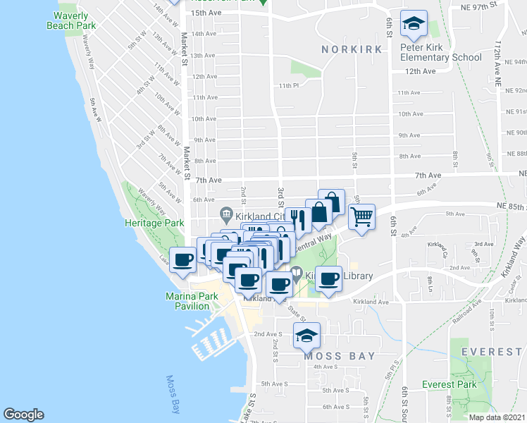 map of restaurants, bars, coffee shops, grocery stores, and more near 224 5th Avenue in Kirkland