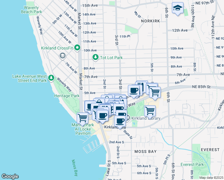 map of restaurants, bars, coffee shops, grocery stores, and more near 224 5th Avenue in Kirkland