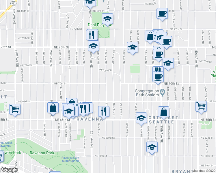 map of restaurants, bars, coffee shops, grocery stores, and more near 6849 28th Avenue Northeast in Seattle