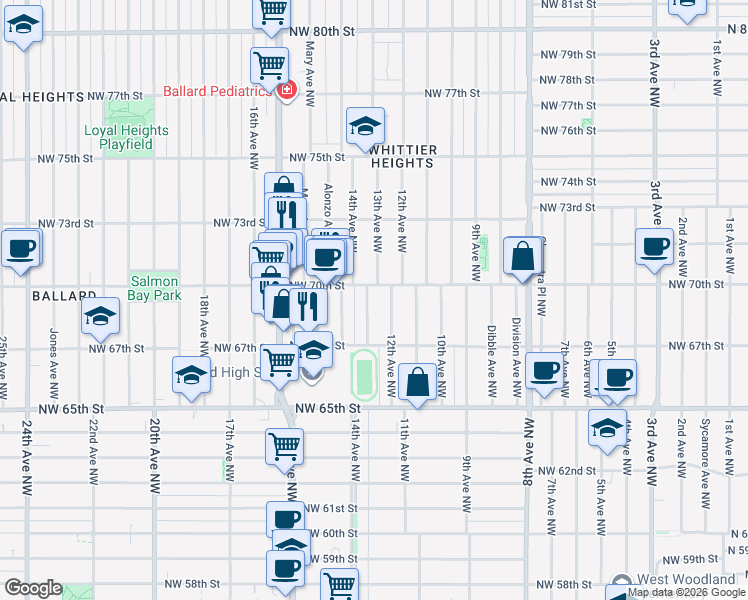 map of restaurants, bars, coffee shops, grocery stores, and more near 6737 13th Avenue Northwest in Seattle