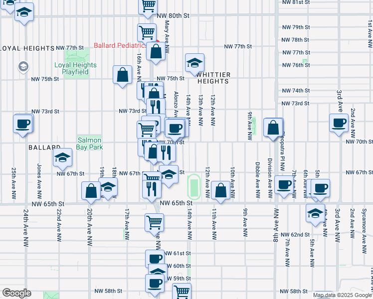 map of restaurants, bars, coffee shops, grocery stores, and more near 6739 14th Avenue Northwest in Seattle