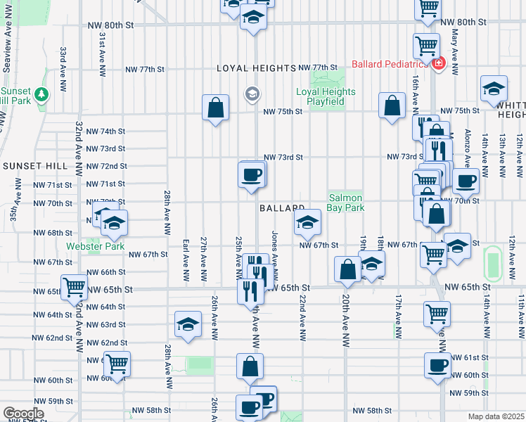 map of restaurants, bars, coffee shops, grocery stores, and more near in Seattle