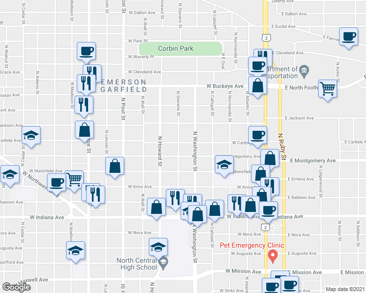 map of restaurants, bars, coffee shops, grocery stores, and more near 423 West Carlisle Avenue in Spokane