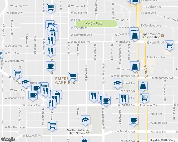 map of restaurants, bars, coffee shops, grocery stores, and more near 523 West Carlisle Avenue in Spokane