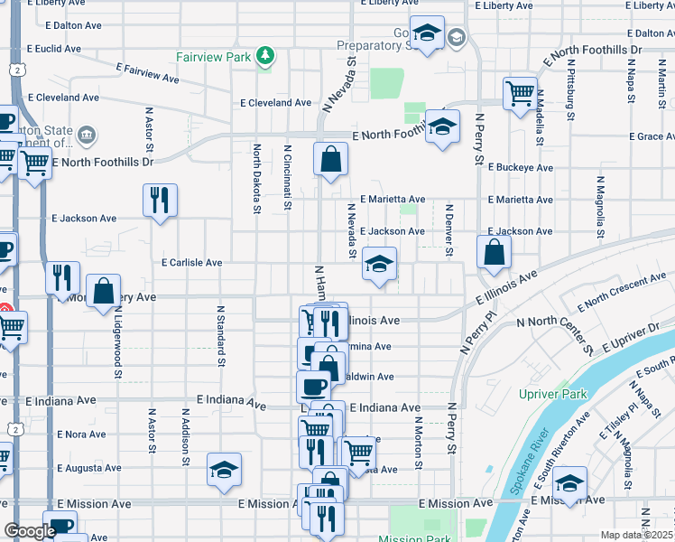 map of restaurants, bars, coffee shops, grocery stores, and more near 2230 North Hamilton Street in Spokane