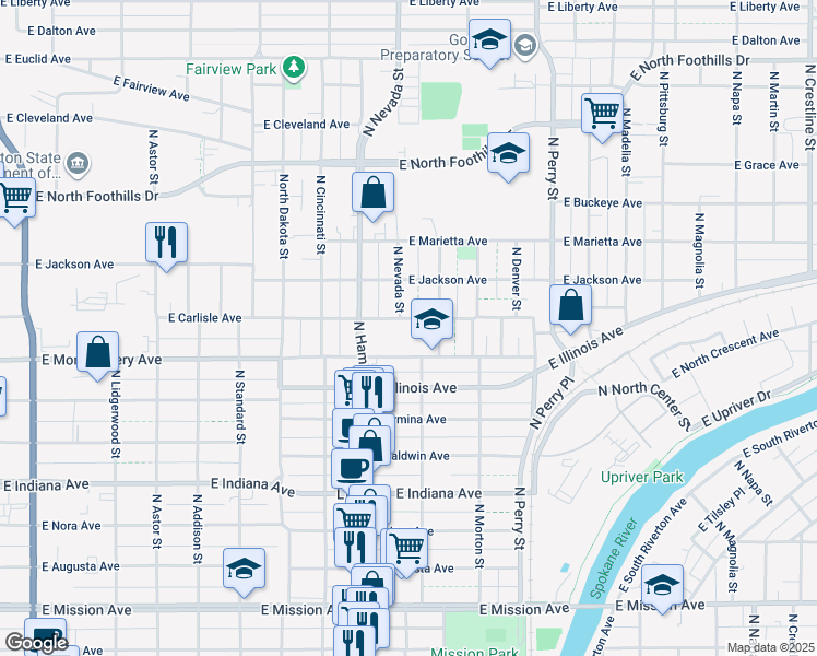 map of restaurants, bars, coffee shops, grocery stores, and more near 1004 East Carlisle Avenue in Spokane