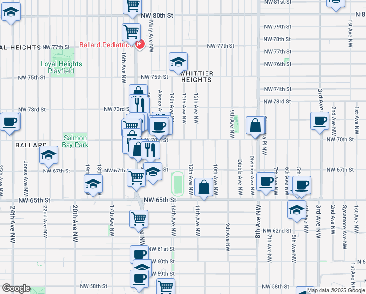 map of restaurants, bars, coffee shops, grocery stores, and more near 6737 13th Avenue Northwest in Seattle