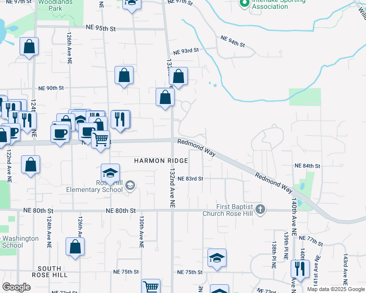 map of restaurants, bars, coffee shops, grocery stores, and more near 13221 Redmond Way in Redmond