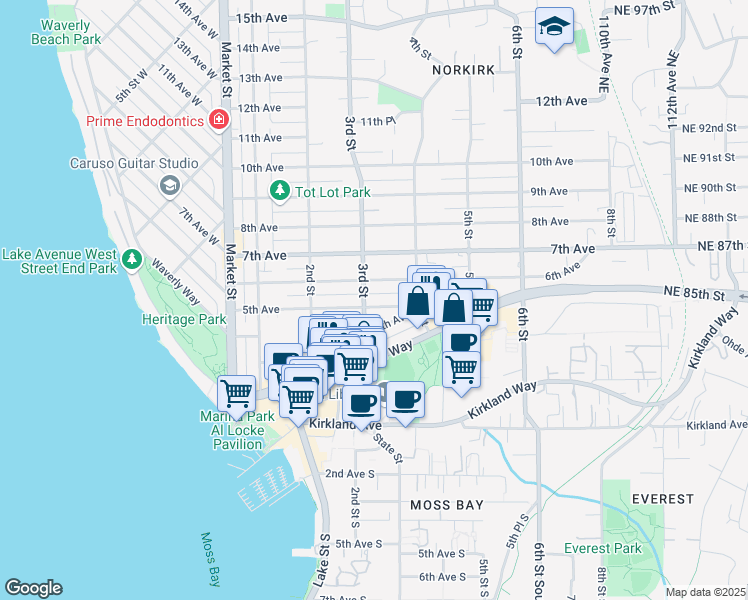 map of restaurants, bars, coffee shops, grocery stores, and more near 302 5th Avenue in Kirkland
